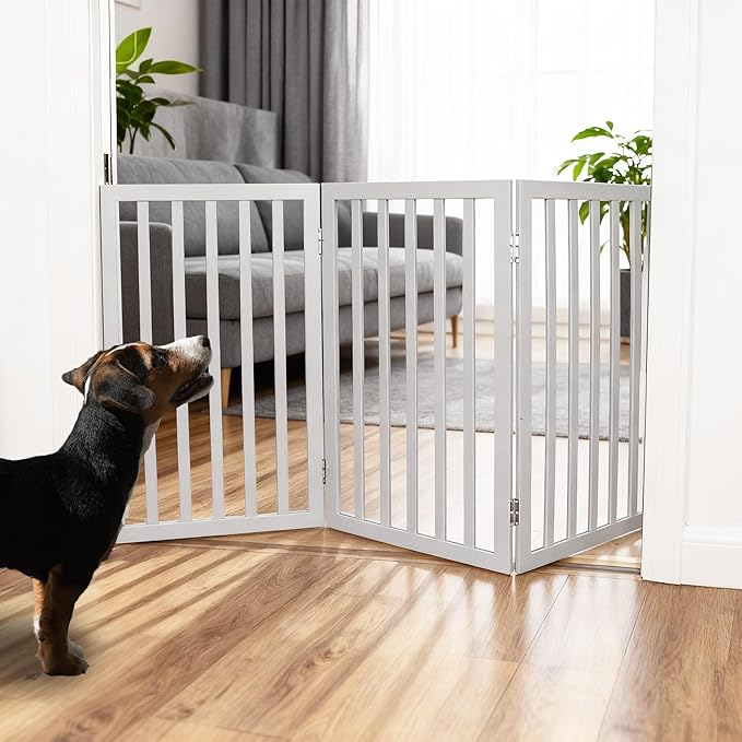 ZJSF Freestanding Indoor Dog Gate for House Foldable Wood Grey Puppy Gate for Doorways Pet Gate for Stairs Extra Wide Pet Fence 32" Height 3 Panels