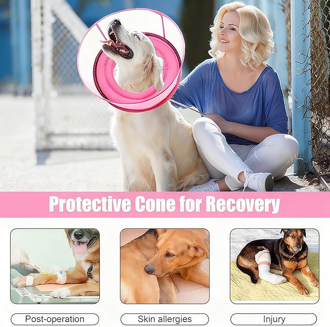 2-in-1 Soft Inflatable Dog Cone Collar Alternative with Enhanced Anti-Licking Guard Shield, Dog Collar After Surgery, Adjustable Recovery Cones for Large Medium Small Dogs and Cats(Pink, M+)