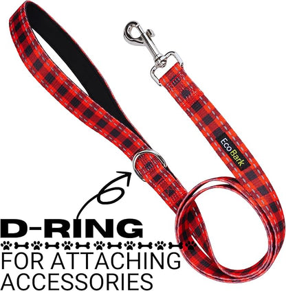 EcoBark Dog Leash - Soft & Reflective Comfort Leash with Padded Handle - Safe, Strong, & Durable for Small, Medium or Large Dogs (Red Buffalo Plaid)