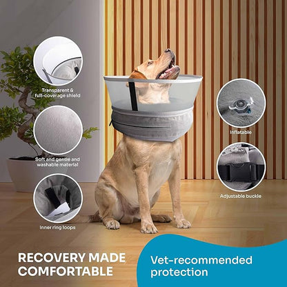 Dog Inflatable Neck Collar - Inflatable E Collar for Dogs - Comfortable Elizabethan Cone with Detachable Anti-Licking Shield - Dog Donut Cone - Doughnut for Dogs After Surgery (Grey, M)