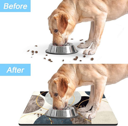 Rnivvi Dog Food Mat, 12" x 19" Boho Absorbent Dog Cat Bowl Mat for Food and Water, 3MM Anti-Slip Rubber Pet Feeding Rug Protect Floors, Puppy Placemat for Feeding & Watering Supplies, Abstract Circle