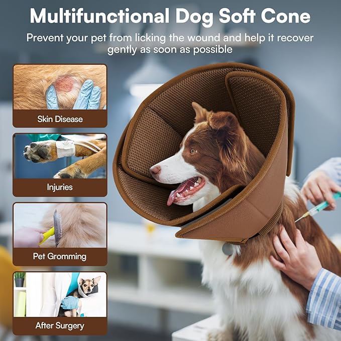 Queenmore Dog Cones for Large Dogs,Soft Dog Cone Stop Licking After Surgery, Adjustable Pet E-Collar Alternative for Wound Healing,Coffee,X-Large