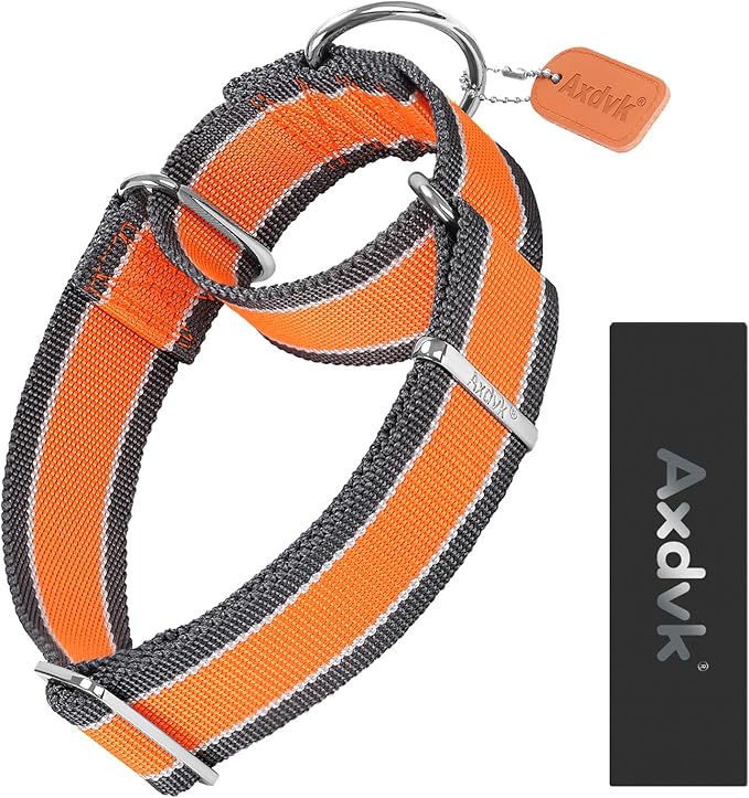 Martingale Collar 1.5 Inch Wide 1600D Extra Strong Anti Escape Nylon Dog Collar, No Pull Heavy Duty Pet Collars with 3-Color Stripe for Medium to Large Dogs (L, Orange & Gray)