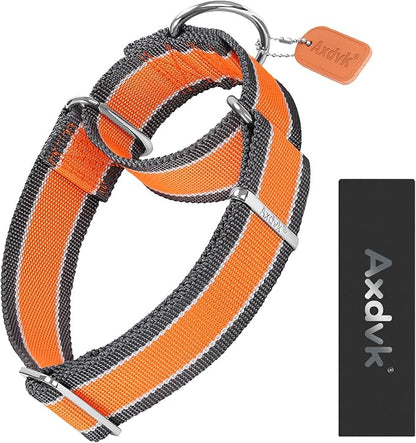 Martingale Collar 1.5 Inch Wide 1600D Extra Strong Anti Escape Nylon Dog Collar, No Pull Heavy Duty Pet Collars with 3-Color Stripe for Medium to Large Dogs (L, Orange & Gray)