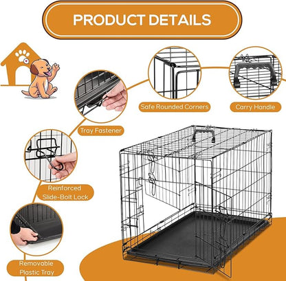 Dog Crate - 36 Inch Medium Double Door Portable Dog Cage, Metal Wire Pet Kennel with Secure Lock, Leak-Proof Pan Tray, Foldable Design for Dogs Pets Indoor Training and Outdoor Trave