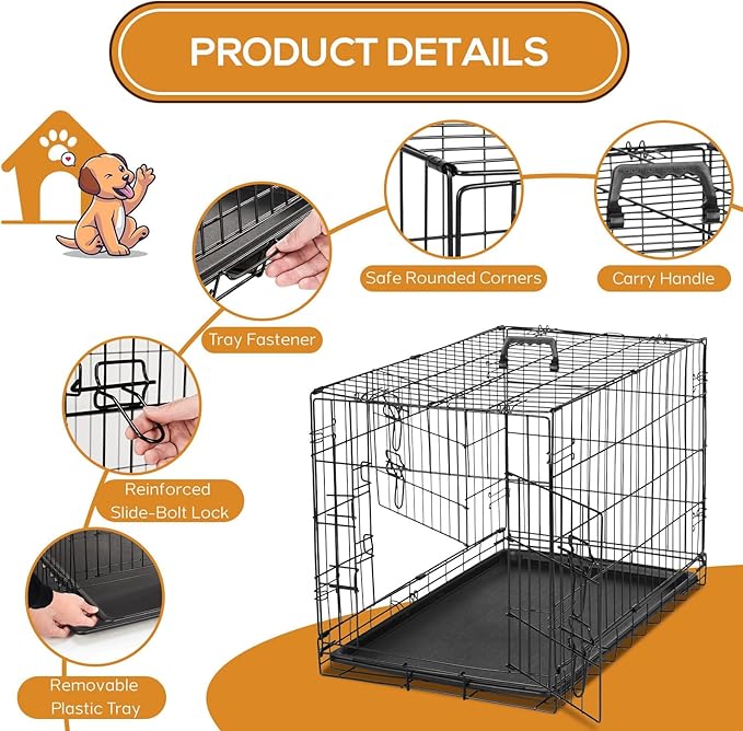 Dog Crate - Extra Large 48 Inch Double Door Portable Dog Cage, Metal Wire Pet Kennel with Secure Lock, Leak-Proof Pan Tray, Foldable Design for Dogs Pets Indoor Training and Outdoor Trave