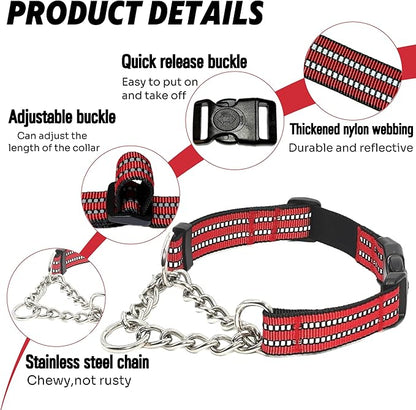 Martingale Dog Collars, Reflective Nylon Collar with Stainless Steel Chain, Adjustable Walking Training Dog Collars with Quick Release Buckle, Suitable for Small Medium Large Dogs(Red,S)