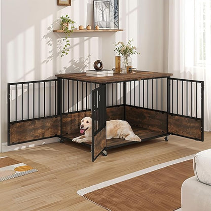DWVO Dog Crate Furniture with Wheels, 43 Inch Dog Kennel Indoor Furniture End Table Dog Crate for Dogs, Farmhouse Decorative Wooden Dog Cage Table with Double-Doors, Chew-Resistant, Rustic Brown