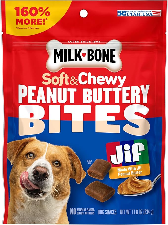 Milk-Bone Peanut Buttery Bites, Soft Dog Treats with Jif Peanut Butter & Real Bacon, 11.8 Oz. Bags