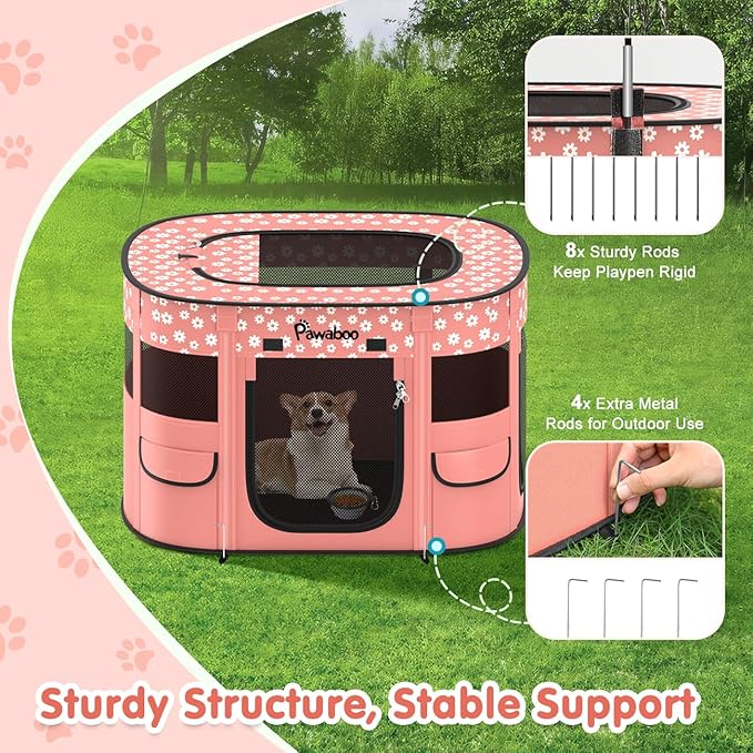 Dog Playpen, Portable Pet Cat PlayPen, 600D Oxford Dog Kennel Tent Crate, Waterproof&Breathable, Indoor Outdoor Travel Camping for Medium/Large Breed with Carrying Case+Bowl(M), Light Pink Flowers