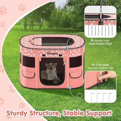 Dog Playpen, Portable Pet Cat PlayPen, 600D Oxford Dog Kennel Tent Crate, Waterproof&Breathable, Indoor Outdoor Travel Camping for Medium/Large Breed with Carrying Case+Bowl(M), Light Pink Flowers