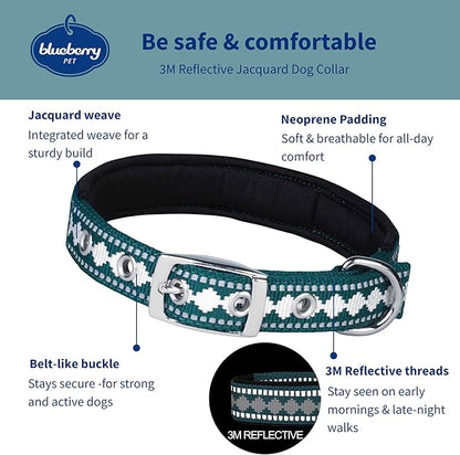 Blueberry Pet Reflective Jacquard Dog Collar with Neoprene Padding & Metal Buckle | Soft & Adjustable Safety Collar - Teal Blue