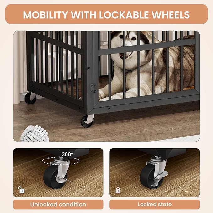 Aoowow Dog Crate Furniture for Small Medium Dogs, 43.3" Dog Kennel Indoor End Table with Side Doors, Iron Heavy Duty Dog Cage with Wheels, Rustic Brown