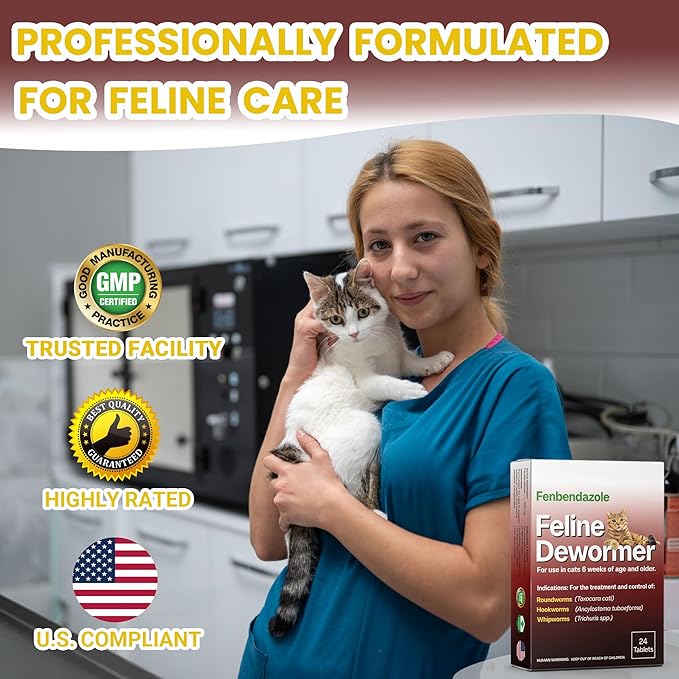 Dewormer for Cats & Kittens, Fenbendazole for All Wormers, Roundworms, Hookworms and Whipworms, 24 Tablets