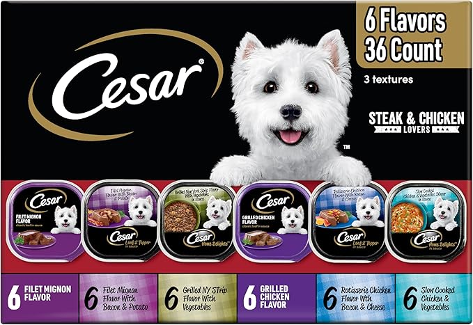 Cesar Wet Dog Food Steak and Chicken Lovers Variety Pack, Adult, Wet Food for Dogs with Real Beef or Chicken, 3.5 oz Easy Peel Trays, 36 Count