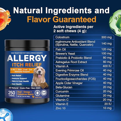 Dog Allergy Chews,is Omega 3 Human,Anti Itch Relief for Dogs Itching Skin Relief and Aller Immune Pet Multivitamin Allergy Chews Coat Licking Supplement Pills Meds Treats 250 Bites for Dogs