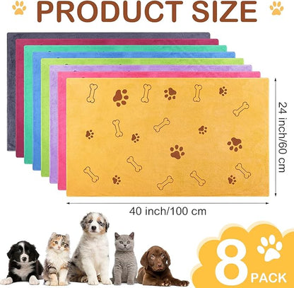 Chumia 8 Pcs Dog Towels for Drying Dogs Cats Pet Towels Bulk Puppy Microfiber Fast Drying Paw Bath Bathing Supplies Absorbent for Medium Pets(40 x 24 Inch,Dog Paw and Bone,Colorful)