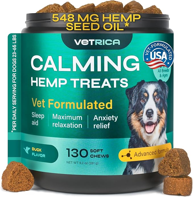 Dog Calming Chews with Hemp - 17,810 mg Hemp Oil per Pack - Soft Calming Chews for Dogs with Melatonin - Relaxation Support for Travel, Grooming, Separation, Thunder, Fireworks - 130 Duck Bites