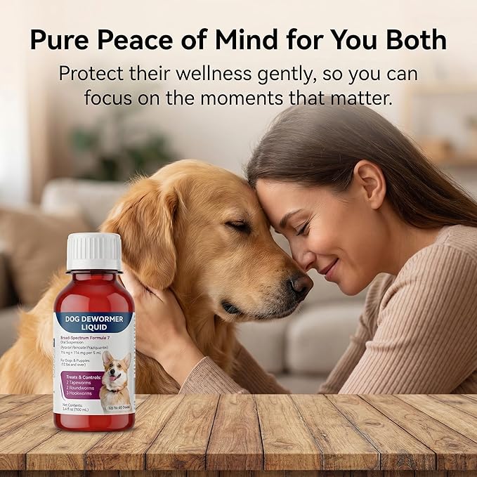 Liquid Dog Dewormer for Dogs & Puppies, Formula 7 Pyrantel Pamoate and Praziquantel, Removes Tapeworm, Roundworm & Hookworm, Broad Spectrum with 3ml Dosing Syringe (100ml)