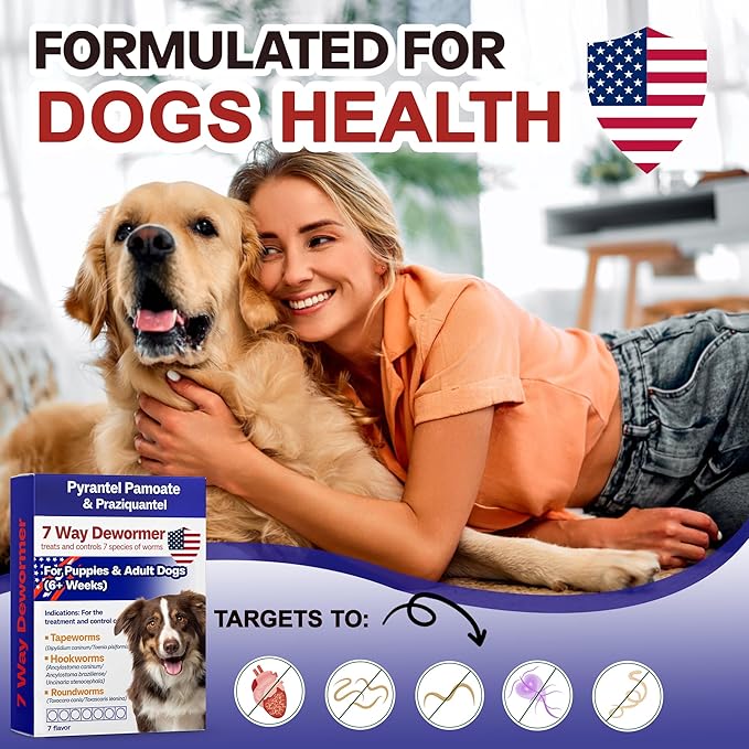 7 Way Dog Dewormer for Dogs, Pyrantel Pamoate & Praziquantel for All Wormers, Tapeworms, Hookworms, Roundworms & More