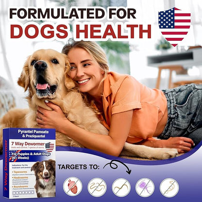7 Way Dog Dewormer for Dogs, Pyrantel Pamoate & Praziquantel for All Wormers, Tapeworms, Hookworms, Roundworms & More