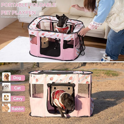 Portable Pet Playpen, Cat Playpen for Indoor Cats Enclosed，Kitten Playpen Indoor with Resistant Breathable Shade Cover,Indoor Outdoor Use for Small Medium Pet (M, Pink)