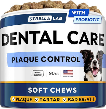 STRELLALAB Advanced Dog Dental Chews & Breath Freshener – Dog Teeth Cleaning Treats, Bad Breath Control, Plaque & Tartar Off, Pet Oral Care, Pro Perio Support, Lab Co Bright Formula – 90 Treats