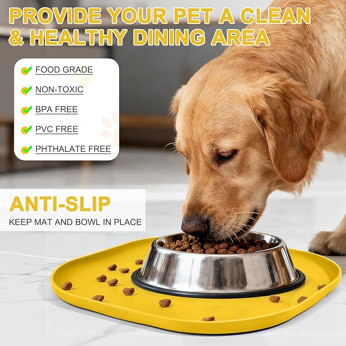 Smilool Small Silicone Pet Food Mat with Raised Edge for Food and Water Bowl, Square Dog Feeding Mats, Cat Food Trays for Floor Waterproof, Rubber Tray for Dogs and Cats, 12 x 12 x 0.7 Vivid Yellow