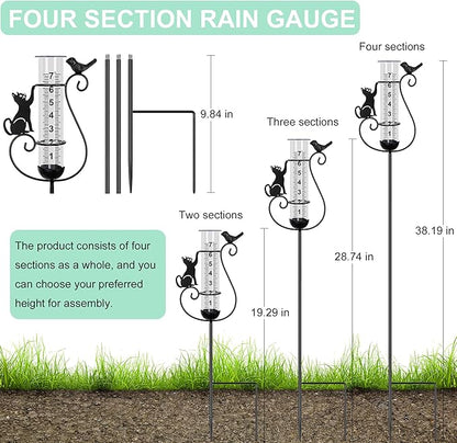 Rain Gauge Outdoor, Cat & Bird Rain Gauges Outdoor Best Rated Decorative for Garden Yard Lawn with Easy-Read 7" Tube, Accurate Rainfall Measurement