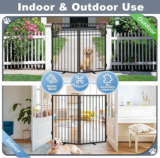 Metal Freestanding Dog Gates with Door for Outdoor Indoor,40'' Extra Wide 36'' Tall Free Standing Dog Gate for Doorways,Large Openings,Deck,Yard,Porch,Foldable Safety Pet Fence(Black,2 Panels)