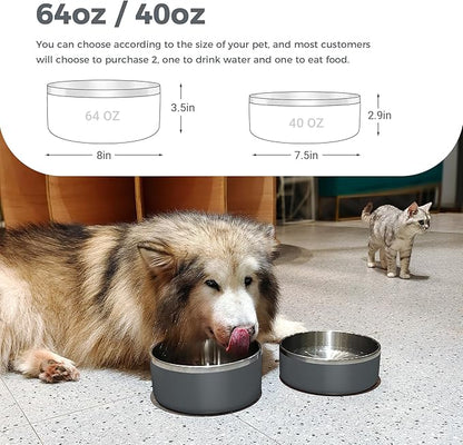 WENBOKMIN Dog Bowl, Stainless Steel Dog Food and Water Bowl with Non Slip Quiet Bottom, Easy to Clean, Dishwasher Safe, 64oz, Deep Grey