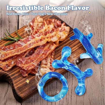 Furdog 3Pack Dog Toys for Aggressive Chewers Dog Chew Toy Tough Dog Toys to Keep Them Busy Bacon Flavor Teething Chew Toys & Dental Health for Large Medium Small Breeds (Blue)