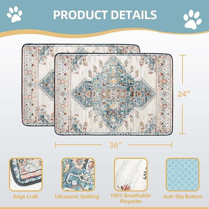 SCLOSE Washable Pee Pads for Dogs 2 Pack, 36" x 24" Reusable Puppy Pads Waterproof, Super Absorbent Dog Rugs, Leakproof, Dog Crate Pad, Playpen Mat, Whelping Pads, Blue Medallion