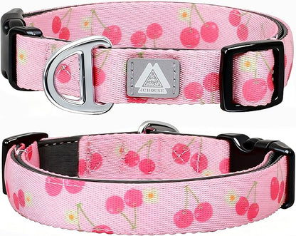 Girl Dog Collar, Pink Cute Cherry Print Reflective Padded Collar with Soft Neoprene, Adjustable Lightweight Pet Collar for Small Dogs, Puppies,Neck Size 9’’-14’’ (Cherry, S)