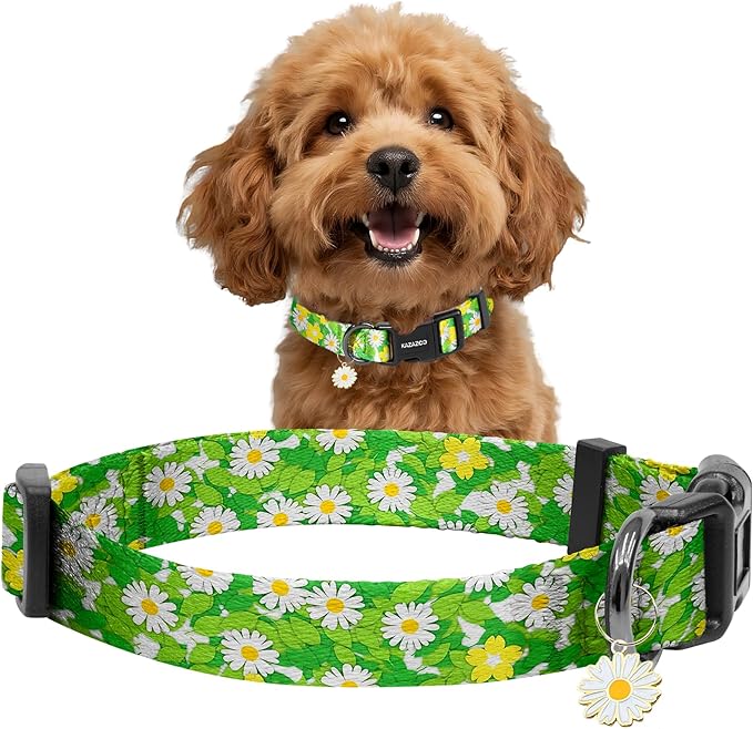 Kazazoo Dog Collar Cute and Soft Nylon Puppy Collar for Boy and Girl, Adjustable Dog Collars for Small Medium Dogs, Green Daisy-S