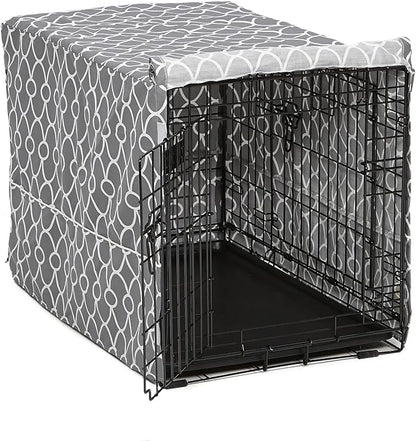 MidWest Homes for Pets Medium Dog Crate Cover with Teflon Fabric Protector, Poly-Cotton Privacy Kennel Cover Fits Most 30-inch Crates, Gray Designer Print, Washable, Reduces Barking