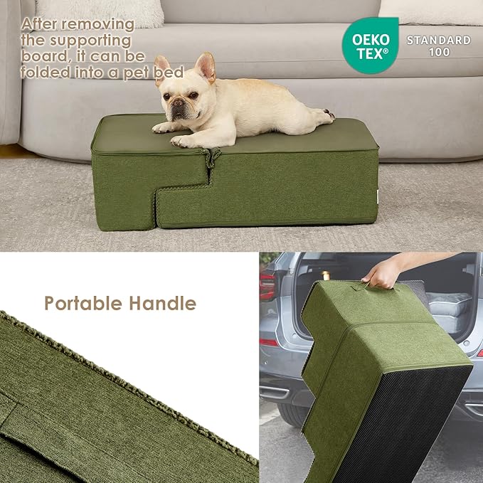 EHEYCIGA Dog Stairs for Bed 18" H, 4-Step Dog Steps for High Bed, Pet Steps for Small Dogs and Cats, Non-Slip Balanced Pet Ramp Indoor, Olive Green