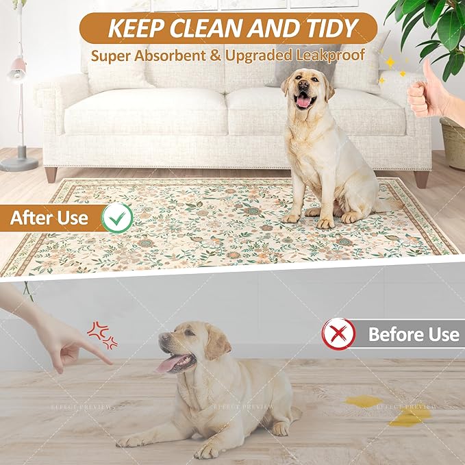 Washable Pee Pads for Dogs 72"x 72", Super Absorbent Boho Reusable Puppy Pads with Colorful Flowers Patterns for Potty Training, Floor, Couch, Bed, and Crate