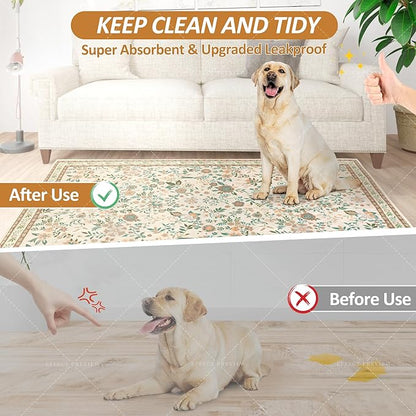 Washable Pee Pads for Dogs 72"x 72", Super Absorbent Boho Reusable Puppy Pads with Colorful Flowers Patterns for Potty Training, Floor, Couch, Bed, and Crate