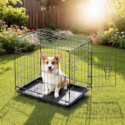 DUMOS Dog Crate, 30 Inch Medium Single Door Dog Cage with Plastic Leak-Proof Pan Tray, Folding Metal Wire Pet Kennel for Indoor, Outdoor, Travel