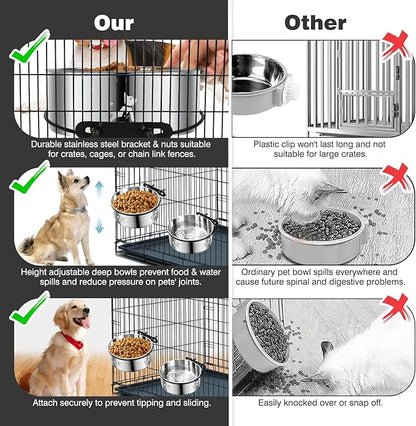Dog Crate Water Bowl No Spill, Dog Crate Bowls Hanging 2 Pack, Kennel Water Bowl Mountable, Stainless Steel Coop Cup, Pet Cage Accessories, Food Dish Feeder for Cat Puppy Rabbit Bunny Bird Ferret