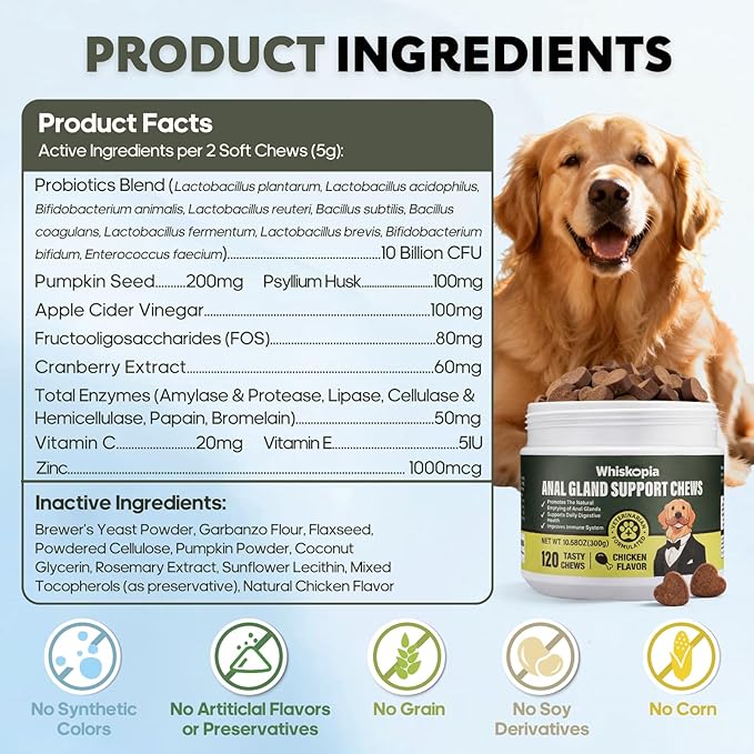 Anal Gland Support Chews, Dog Scoot Treatment with Pumplin Digestive Enzymes Probiotics Fiber for Dogs Digestion and Gut Health Stop Scoot for Dog - 120 Ct (Gland Guard, 120Ct Chicken)
