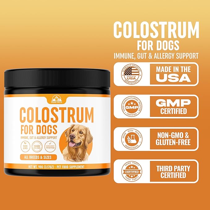 Bovine Colostrum for Dogs (90g) Raw Colostrum Powder for All Ages, Breeds & Sizes - Immune, Allergy, Skin & Itch Support - 20% Immunoglobulins - Non GMO, Third Party Tested, USA Made - 3.17oz