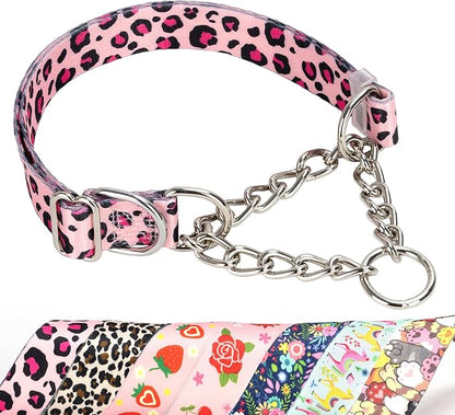 Pink Leopard Martingale Dog Collar - No-Pull Training Collar with Chain, Soft & Durable Design for Medium, Large & XL Dogs (XL Pink Leopard)