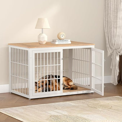 rehomerance 48 Inch Heavy Duty Dog Crate Furniture for Large Dogs, Decorative Pet House End Table, Extra Large Wooden Cage Kennel Furniture Indoor, Natural and White