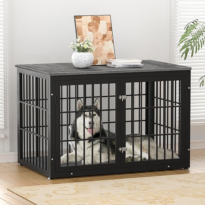 rehomerance 48 Inch Heavy Duty Dog Crate Furniture for Large Dogs, Decorative Pet House End Table, Extra Large Wooden Cage Kennel Furniture Indoor, Black and Gray