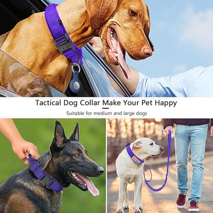 DAGANXI Tactical Dog Collar, Adjustable Military Training Nylon Dog Collar with Control Handle and Heavy Metal Buckle for Medium and Large Dogs, with Patches and Airtags Case (Purple-Set, M)