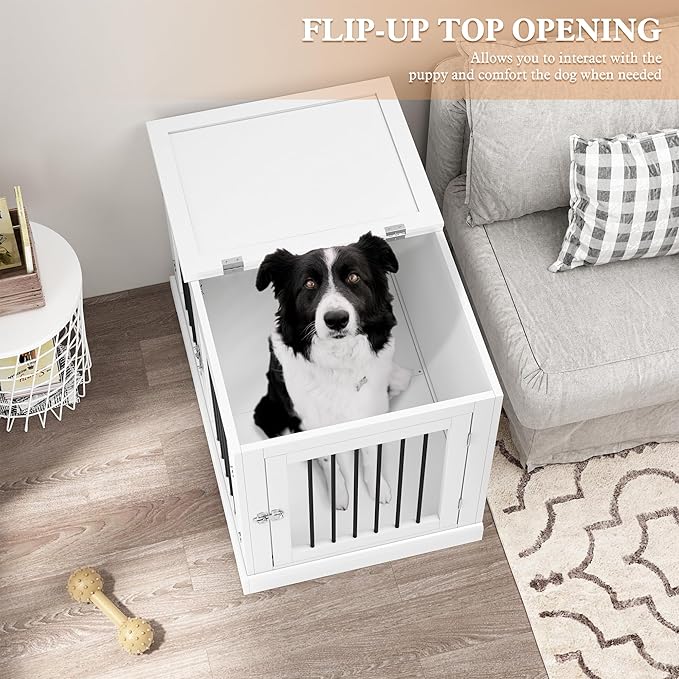 PUPETPO Furniture Style Dog Crate with Cushion, Dog Kennel Medium, Pet Crates, Dog Cage for Small and Medium Dogs, Decorative Dog Kennel with Flip-top Plate, Chew-Proof Metal Bars, White