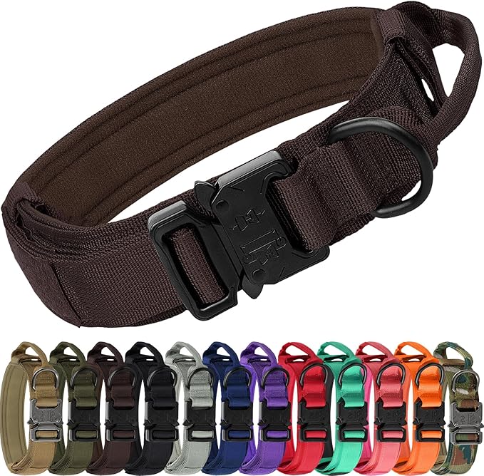 Joytale Tactical Dog Collar with Handle and Metal Buckle, Heavy Duty Padded Military Collar with 2 Patches for Training, Adjustable for XLarge Dogs, Brown, XL