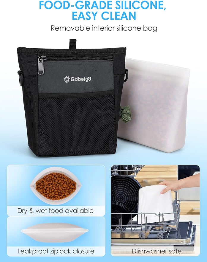 Gobeigo Dog Treat Pouch, Magnetic Closure & Sealable Silicone Bag Insert, 4-Cup Capacity – Belt Clip/Waist Belt/Crossbody Wear, Clicker Included – Great for Pet Training & Walking (Gray)